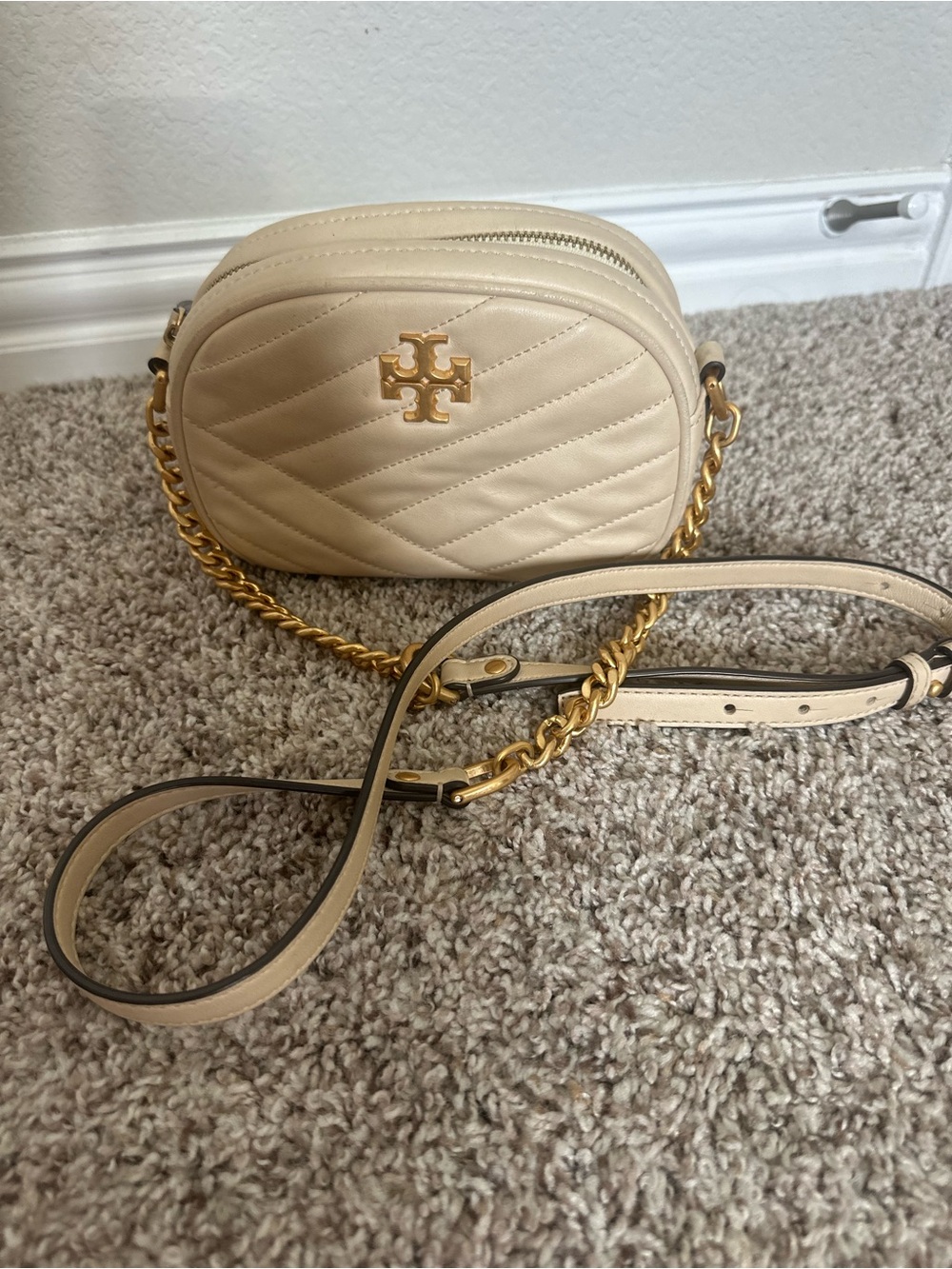Tory Burch Beige Quilted Kira Camera Crossbody with Gold Hardware
